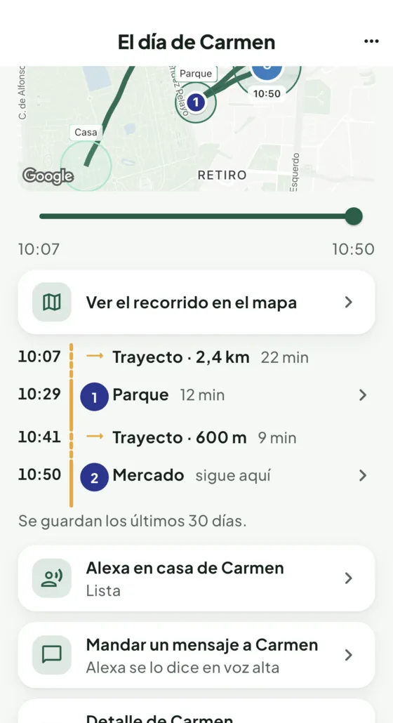 «El día de Carmen»: recorrido con paradas y horas, y «Alexa en casa de Carmen» en estado «Lista»