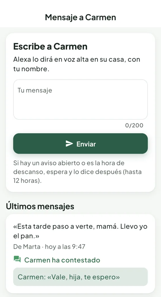 App VitalKeep: pantalla para escribir un mensaje que Alexa dirá en voz alta