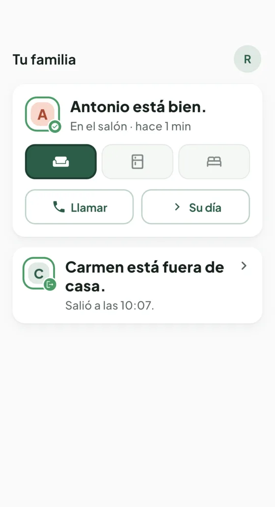 Inicio de la app: «Antonio está bien. En el salón, hace 1 min», con el salón resaltado entre salón, cocina y dormitorio