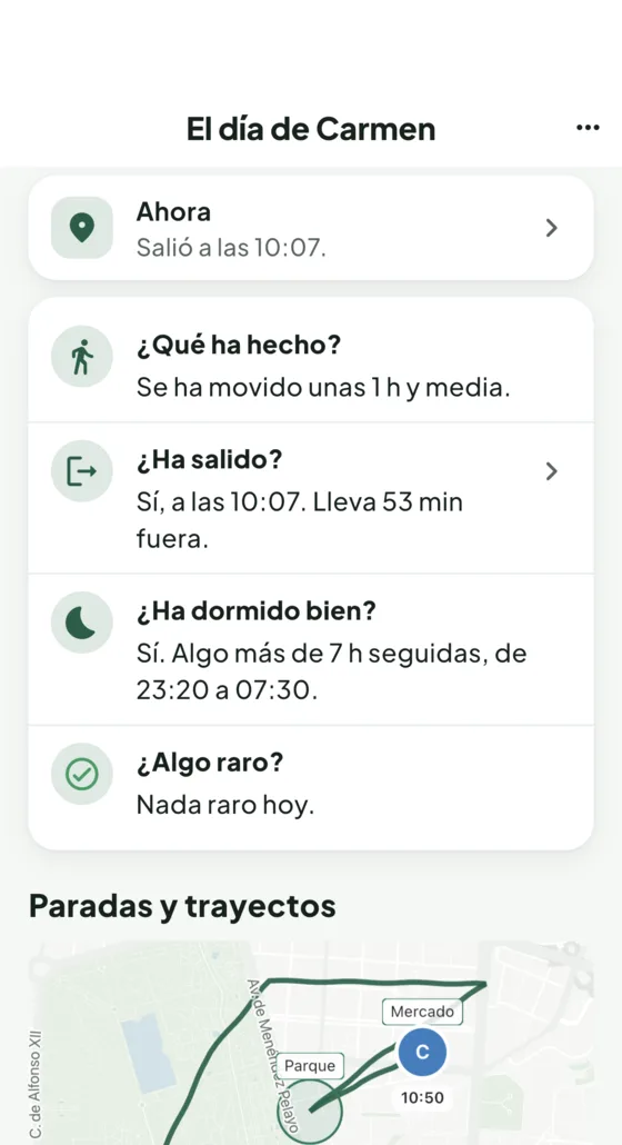 Pantalla «El día de Carmen» con cuatro respuestas: qué ha hecho, si ha salido, si ha dormido bien y si hay algo raro