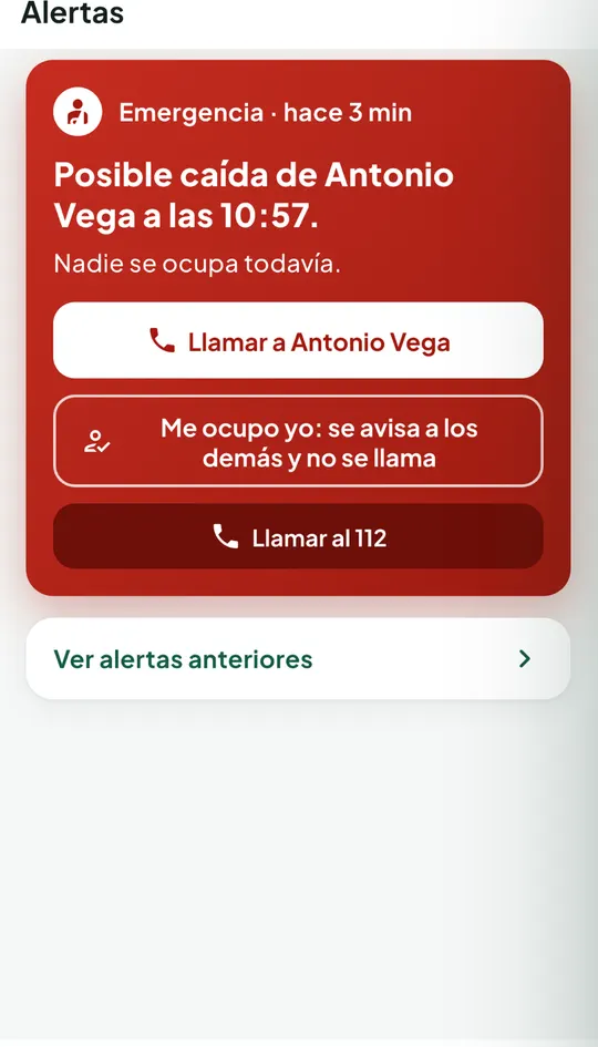 Pantalla de alertas de la app con «Posible caída de Antonio Vega a las 10:57», sin atender, y los botones «Llamar» y «Llamar al 112»