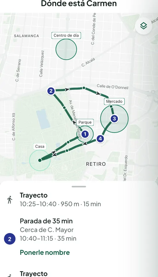 Mapa de «Dónde está Carmen» con su recorrido de ayer: paradas numeradas, flechas de la marcha y «Parada de 35 min, cerca de C. Mayor»