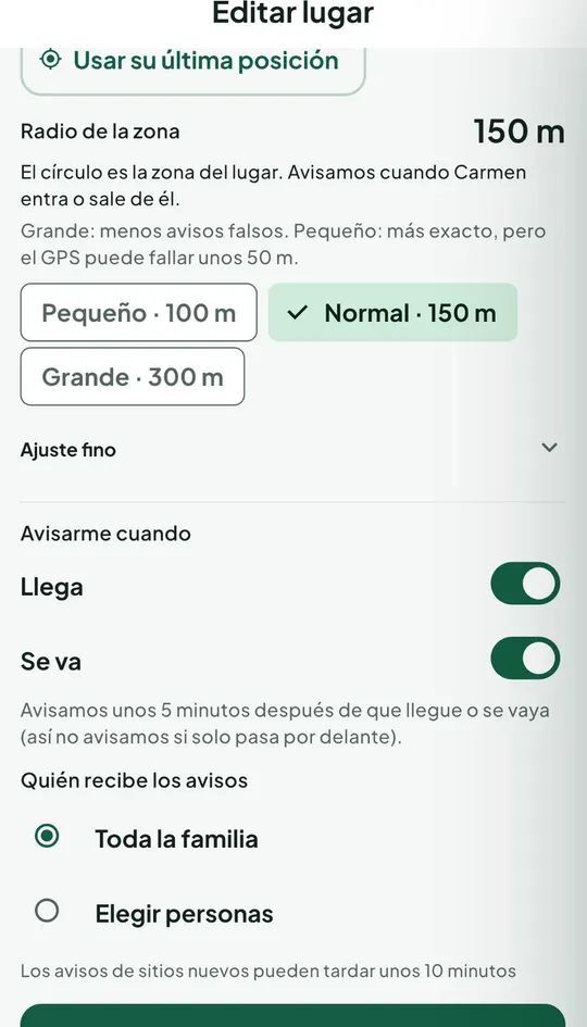 Pantalla «Editar lugar» con el radio de la zona, «Avisarme cuando» Llega y Se va activados y quién recibe los avisos