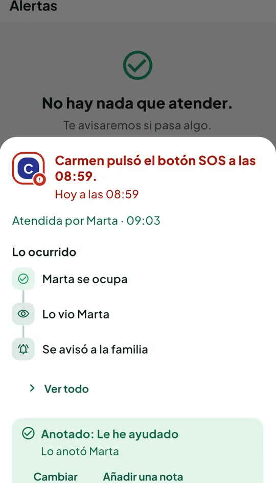 Ficha de una alerta cerrada: «Carmen pulsó el botón SOS», atendida por Marta, y lo ocurrido paso a paso