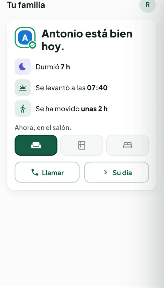 App VitalKeep: inicio con el resumen de hoy de Antonio, sueño, hora de levantarse y movimiento
