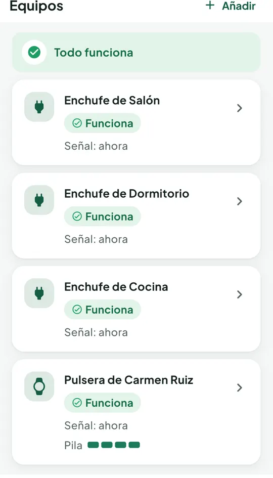 Pantalla Equipos: «Todo funciona», enchufes de salón, dormitorio y cocina y la pulsera de Carmen Ruiz con su pila