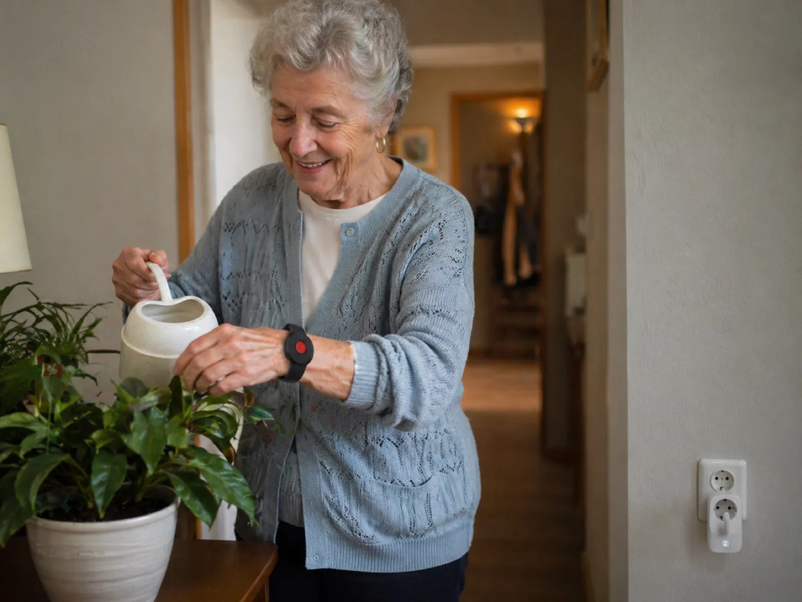 Mujer mayor regando una planta en el pasillo de su casa, con la pulsera VitalKeep en la muñeca